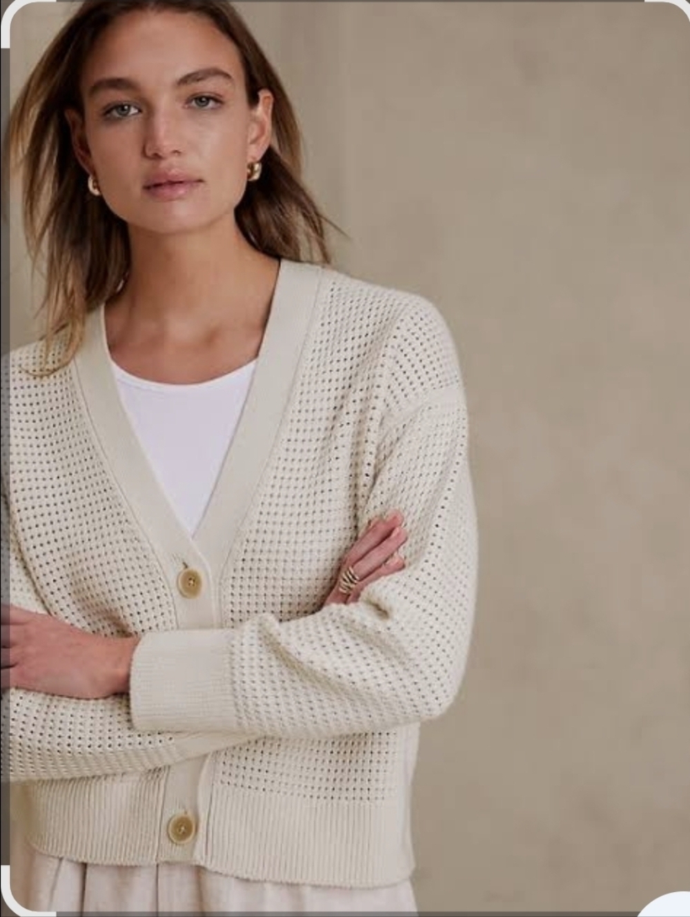 Banana Republic Cream Open-Knit V-Neck Cardigan